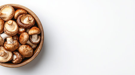 A top view of fresh porcini mushrooms arranged in a rustic wooden bowl. Perfect for culinary uses, this image captures the natural beauty and earthy tones of the mushrooms.の素材