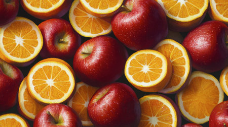 Discover a stunning arrangement of juicy red apples and bright orange slices. This vibrant fruit pattern showcases freshness and natural beauty, perfect for food-themed projects.の素材