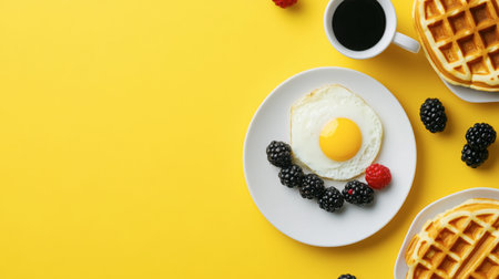 A vibrant breakfast scene featuring fluffy waffles, fresh berries, and a fried egg on a white plate, complemented by a cup of black coffee. Perfect for morning meals!の素材
