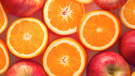 A vibrant arrangement of juicy oranges and red apples, showcasing a colorful pattern. Ideal for food-related themes, healthy living, and seasonal freshness.の素材