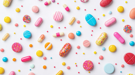 An exciting assortment of colorful candy and pills arranged beautifully. Ideal for creative projects, health themes, or festive backgrounds.の素材
