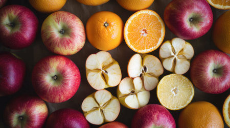 A vibrant display of fresh apples and oranges in various cuts and arrangements. Perfect for showcasing healthy eating, seasonal produce, or natural patterns.の素材