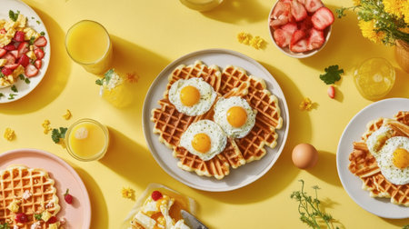 A vibrant breakfast scene showcasing fluffy waffles topped with eggs, fresh strawberries, and orange juice, perfect for a cheerful morning feast.の素材