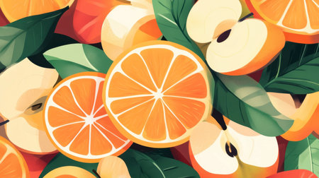 A colorful arrangement of sliced oranges and apples surrounded by fresh green leaves, perfect for conveying freshness and vibrancy in your designs.の素材