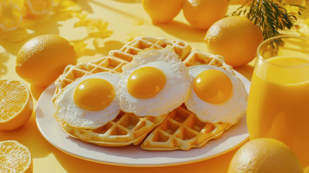Bright and cheerful breakfast featuring fluffy waffles topped with sunny side up eggs, complemented by fresh citrus fruits and a refreshing drink. Ideal for morning meals.の素材