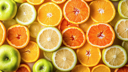 A vibrant arrangement of fresh citrus fruits and apples creating a high-energy backdrop. Perfect for healthy lifestyle projects, food blogs, or summer themes.の素材