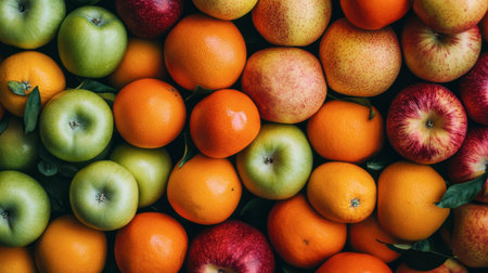 Discover a visually appealing arrangement of fresh apples and oranges, showcasing a vibrant display of colors and textures. Perfect for food-related themes.の素材
