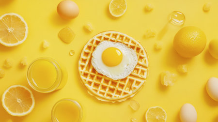 A delightful scene featuring fluffy waffles topped with a sunny side up egg, surrounded by fresh citrus fruits and beverages, perfect for a vibrant breakfast.の素材