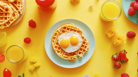 Enjoy a vibrant breakfast scene featuring fluffy waffles topped with sunny side up eggs, surrounded by fresh fruits and drinks on a sunny yellow backdrop.の素材