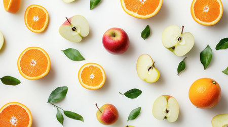 A playful arrangement of sliced apples and oranges on a clean, white background. This vibrant composition captures the freshness and simplicity of healthy fruit.の素材