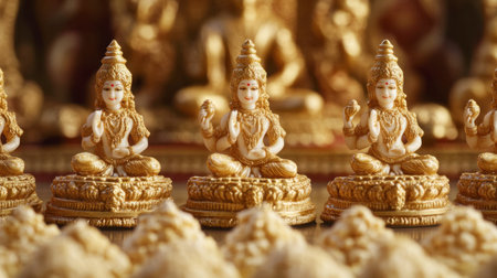 A serene arrangement of besan burfi offerings showcases traditional Indian sweets beautifully placed on an ornate altar, perfect for festive occasions or rituals.の素材