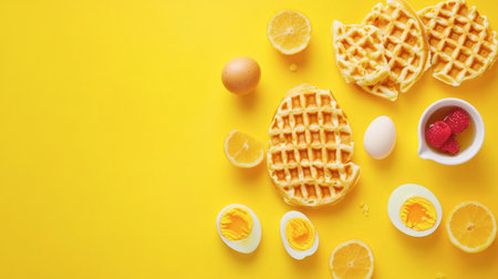 A vibrant morning breakfast spread featuring golden waffles, fresh eggs, and bright lemon slices. Perfect for capturing a cheerful and inviting culinary moment.の素材