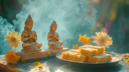 A beautifully arranged plate of golden besan burfi surrounded by traditional decor. Perfect for festivals and celebrations, embodying Indian culture and spirituality.の素材