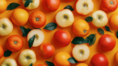 A vibrant seamless pattern featuring fresh apples and oranges on a bright yellow background, perfect for showcasing seasonal fruit or healthy living.の素材