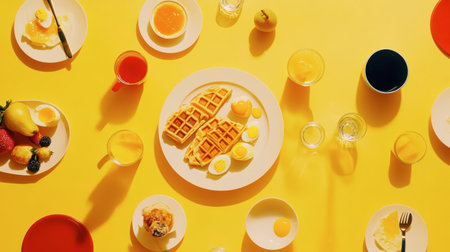 A vibrant breakfast spread featuring waffles, eggs, and fresh fruit on a striking yellow table. The cheerful setting invites a bright morning vibe.の素材