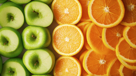 A vivid arrangement of sliced green apples and oranges showcasing their vibrant colors. Perfect for food-related visuals and healthy lifestyle themes.の素材