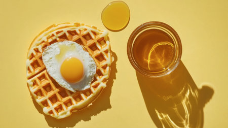 A visually appealing breakfast scene featuring a waffle topped with a sunny-side-up egg and golden syrup. A vibrant yellow background enhances the delicious presentation.の素材