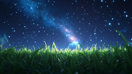 A captivating view of a starry night sky paired with vibrant green grass. This serene landscape evokes feelings of peace, wonder, and connection to nature.の素材