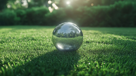 A reflective sphere rests on lush green grass, capturing sunlight and reflections of nature. The scene evokes tranquility and artistic beauty in an outdoor setting.の素材