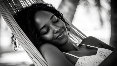 A serene moment captured in black and white of a woman enjoying tranquility in a hammock. Soft sunlight enhances the peaceful atmosphere of relaxation.の素材