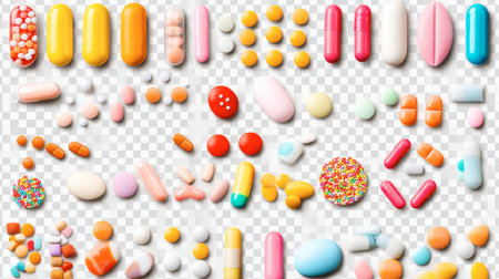 A vibrant display featuring a colorful assortment of candy and pills in various shapes and sizes, perfect for health-related content or sweet treats.の素材
