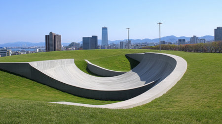 A striking modern architectural landscape featuring smooth curved concrete structures amidst lush green grass, ideal for showcasing urban design and serene outdoor spaces.の素材