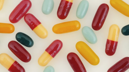 A vibrant array of candy-inspired pills in various colors and shapes. The design showcases health concepts with a bright, playful feel. Perfect for creative projects.の素材