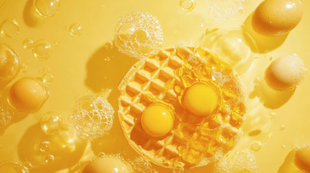 A vibrant breakfast scene featuring waffles and fresh eggs against a cheerful yellow background, perfect for capturing the essence of morning meals.の素材