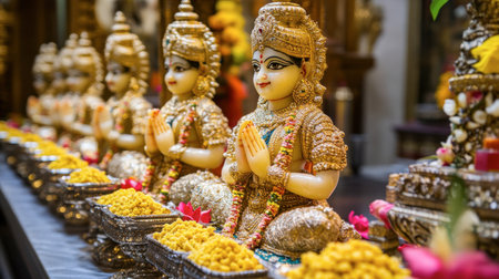A beautiful display of traditional besan burfi presented reverently on a decorated altar, symbolizing celebration and devotion during a festive occasion.の素材