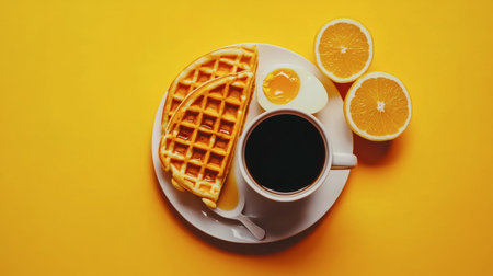 Enjoy a vibrant breakfast scene featuring waffles, coffee, and fresh oranges. Perfect for conveying warmth and comfort in a culinary setting.の素材
