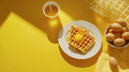 A visually appealing breakfast scene featuring a golden waffle topped with a fresh egg, surrounded by eggs in a bowl, all set against a cheerful yellow background.の素材