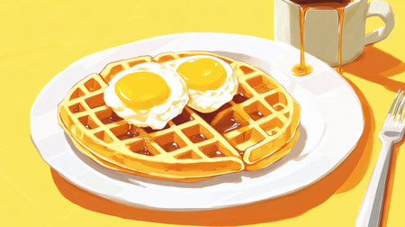 Enjoy a vibrant breakfast scene featuring soft golden waffles topped with scrambled eggs and drizzled with maple syrup, perfect for any morning meal.の素材