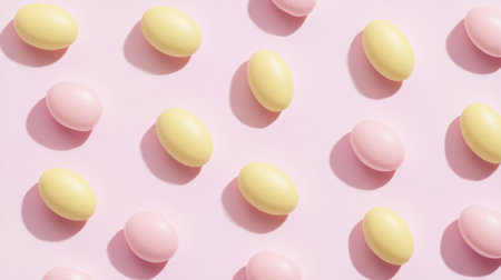 A vibrant display of brightly colored pill-shaped objects in yellow and pink, arranged on a soft pink background, creating a cheerful and lively pattern.の素材