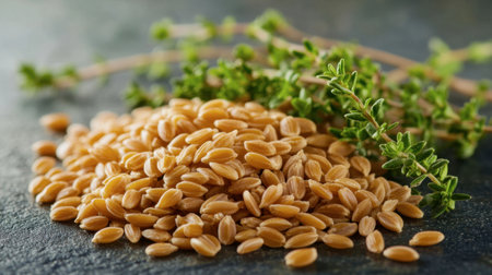 This image showcases scattered farro grains alongside a fresh sprig of herb, perfect for culinary presentations or healthy cooking concepts.の素材