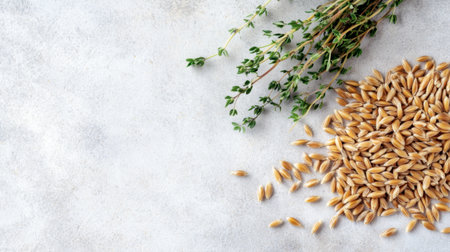 A beautiful arrangement of scattered farro grains alongside a fresh herb sprig, perfect for showcasing healthy cooking ingredients and rustic food styling.の素材