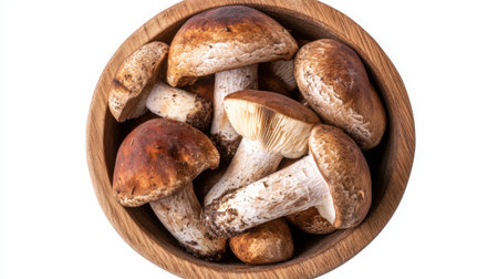 A flat lay of a wooden bowl filled with fresh mushrooms, showcasing their natural textures and colors. Perfect for culinary and food photography.の素材