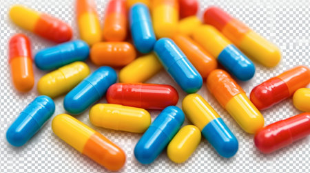 A vibrant assortment of brightly colored pill capsules arranged on a surface, showcasing their distinct shapes and hues. Perfect for health-related themes.の素材