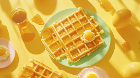 A bright and inviting image featuring soft golden waffles topped with eggs and maple syrup, perfect for a delicious breakfast or brunch setting.の素材