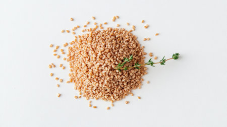 This image showcases a fresh pile of organic farro grains topped with a sprig of herb. Ideal for promoting healthful cooking and natural ingredients.の素材
