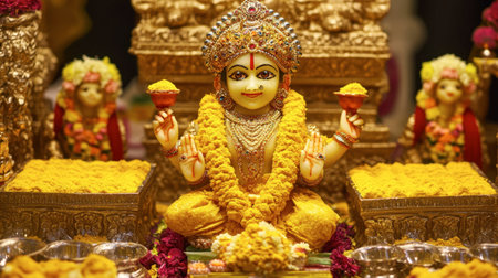 A vibrant display of traditional besan burfi alongside a beautifully adorned murti, reflecting the essence of Indian festivals and cultural rituals. Perfect for celebrations!の素材