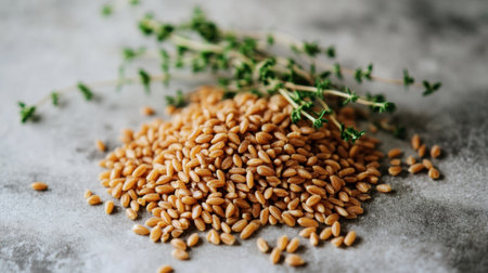 A vibrant pile of fresh organic farro grains garnished with a sprig of herb, showcasing natural textures suitable for healthy cooking or culinary art.の素材