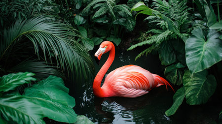 A stunning flamingo stands gracefully in a tropical setting, surrounded by lush green foliage. This vibrant scene captures the essence of exotic wildlife.の素材