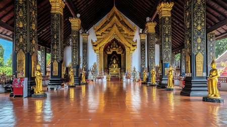 A stunning view of a tranquil Buddhist temple interior featuring golden statues and ornate pillars, inviting peace and spiritual reflection in a serene environment.の素材
