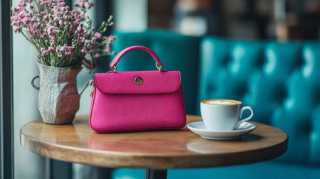 A stylish pink handbag rests on a wooden table next to a coffee cup and a vase of flowers, creating a warm and inviting atmosphere perfect for lifestyle photography.の素材