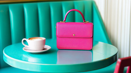 A vibrant pink handbag sits beside a cup of coffee on a stylish table, creating a chic and modern atmosphere perfect for lifestyle photography.の素材