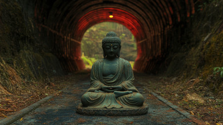 A captivating buddha statue sits in a mystical tunnel, surrounded by nature and illuminated by soft light, inviting tranquility and deep contemplation.の素材