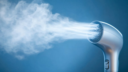 A sleek steam appliance emits a powerful vapor, perfect for cleaning and refreshing fabrics. Ideal for quick touch-ups and home care.の素材