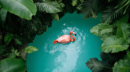 A vibrant flamingo gracefully floats in a serene, turquoise pool surrounded by lush tropical foliage, evoking a sense of relaxation and tranquility.の素材