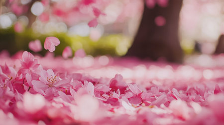 A serene scene of delicate pink petals scattered on the ground, creating a peaceful atmosphere in a blooming garden. Perfect for nature themes.の素材