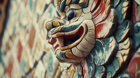 Close-up of a vibrant lion relief sculpture showcasing intricate craftsmanship and colorful details, symbolizing cultural heritage and artistic expression.の素材